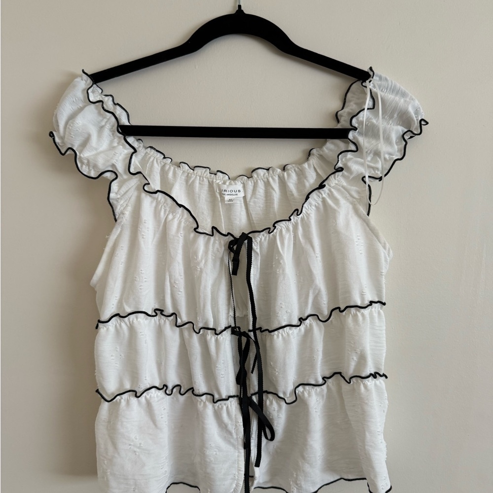 Zara White Ruffled Blouse with Black Trim